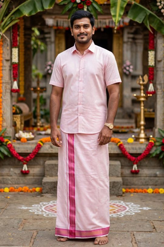 Traditional tissue Half Sleeve Shirt and  2 Metre Dhoti Set,