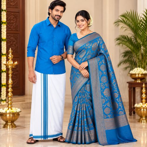 Floral Jacquard Saree & Shirt Combo