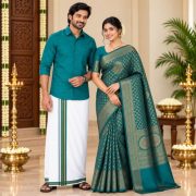 Traditional Peacock Motif Jacquard Saree & Shirt Combo