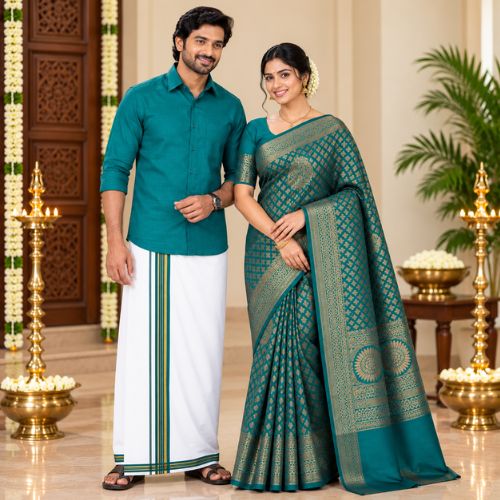 Traditional Peacock Motif Jacquard Saree & Shirt Combo