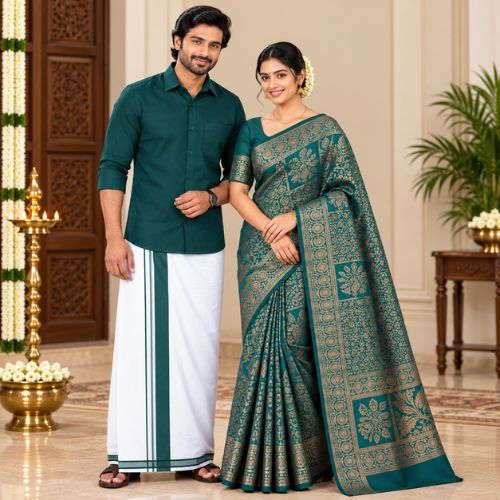 Floral Brocade Saree & Shirt Combo
